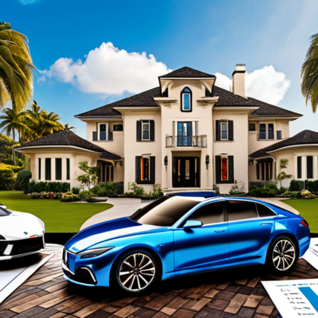 **A vibrant Vision Board filled with images representing success**: Include pictures of a dream house, a luxury car, exotic travel destinations, a diploma, and financial graphs showing growth. The overall feeling should be motivational and inspiring.