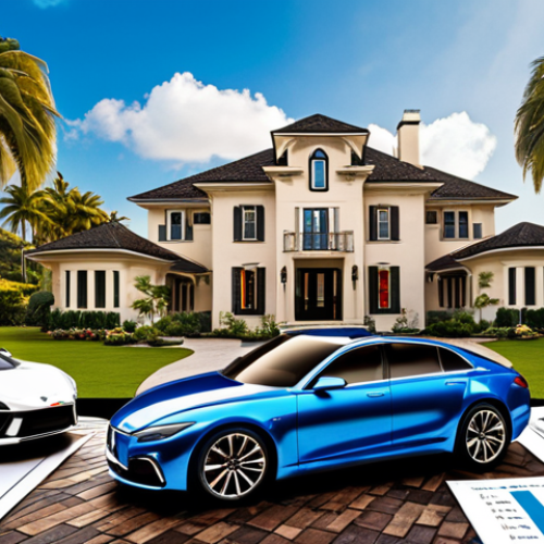 **A vibrant Vision Board filled with images representing success**: Include pictures of a dream house, a luxury car, exotic travel destinations, a diploma, and financial graphs showing growth. The overall feeling should be motivational and inspiring.