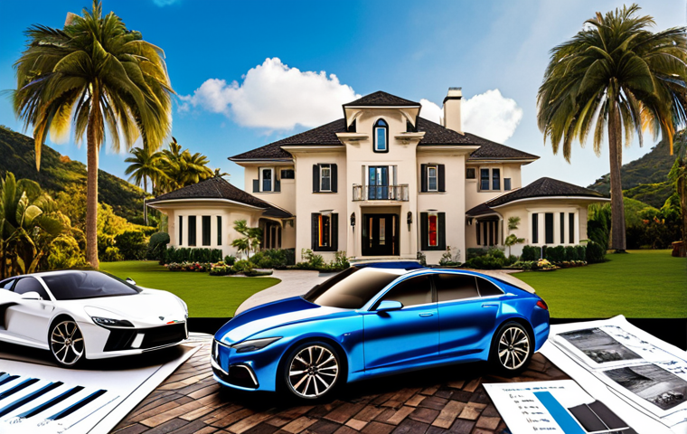 **A vibrant Vision Board filled with images representing success**: Include pictures of a dream house, a luxury car, exotic travel destinations, a diploma, and financial graphs showing growth. The overall feeling should be motivational and inspiring.