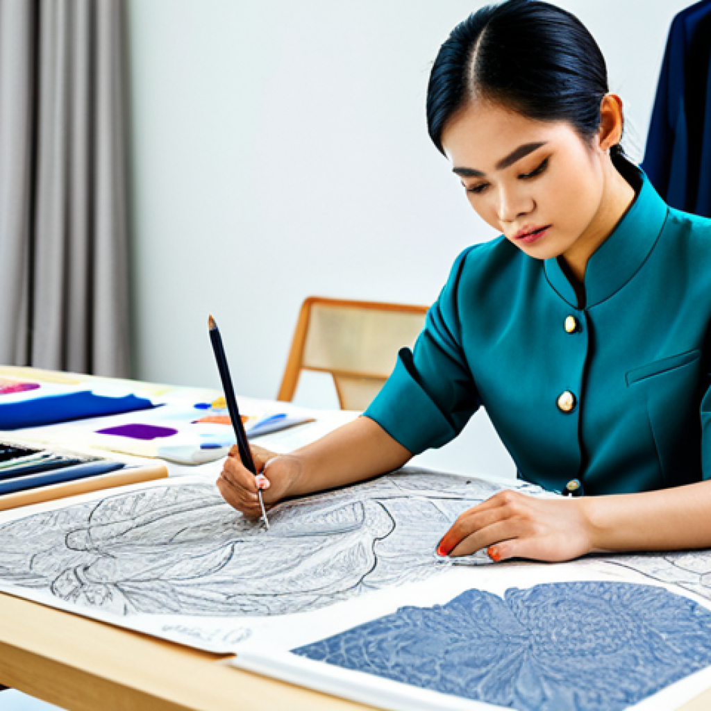 A Thai Fashion Designer**

"A professional Thai fashion designer, fully clothed in modest clothing, sketching designs in a bright, modern studio filled with fabric samples and inspiration boards, appropriate attire, safe for work, perfect anatomy, natural proportions, professional photography, high quality, family-friendly."

**